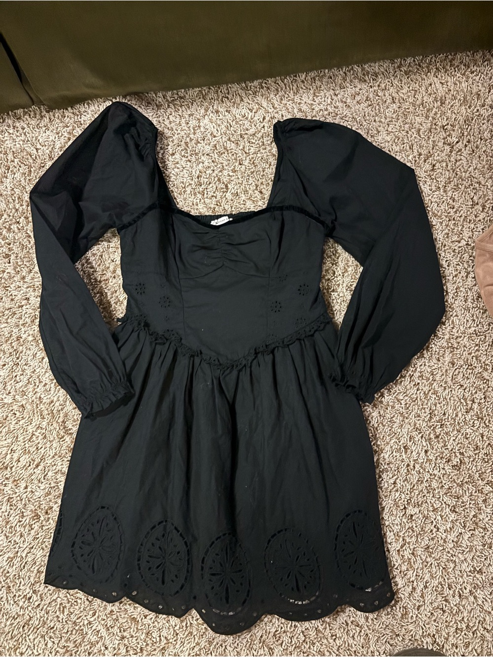 American Eagle Outfitters XS Black Eyelet Mini Dress with Puff Shoulders